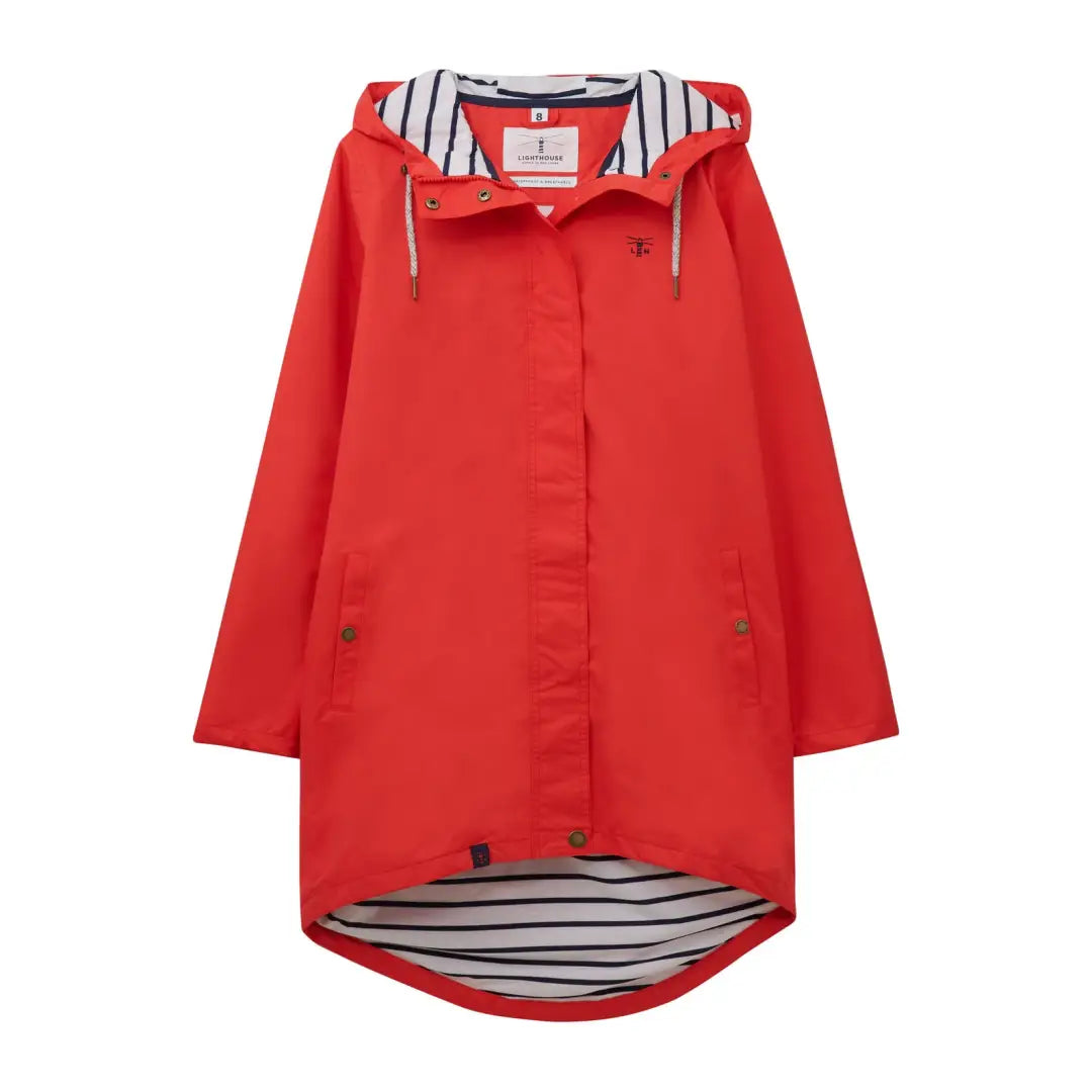 Red hooded raincoat with striped lining from Lighthouse Ladies Beachcomber Long Coat