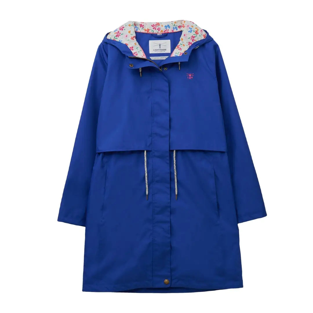 Blue raincoat with floral hood lining, perfect for the Lighthouse Ladies Pippa Coat