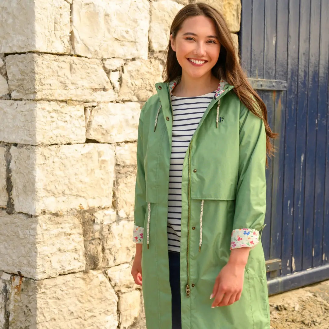 Green Lighthouse Ladies Pippa Coat with soft cotton lining over a striped shirt