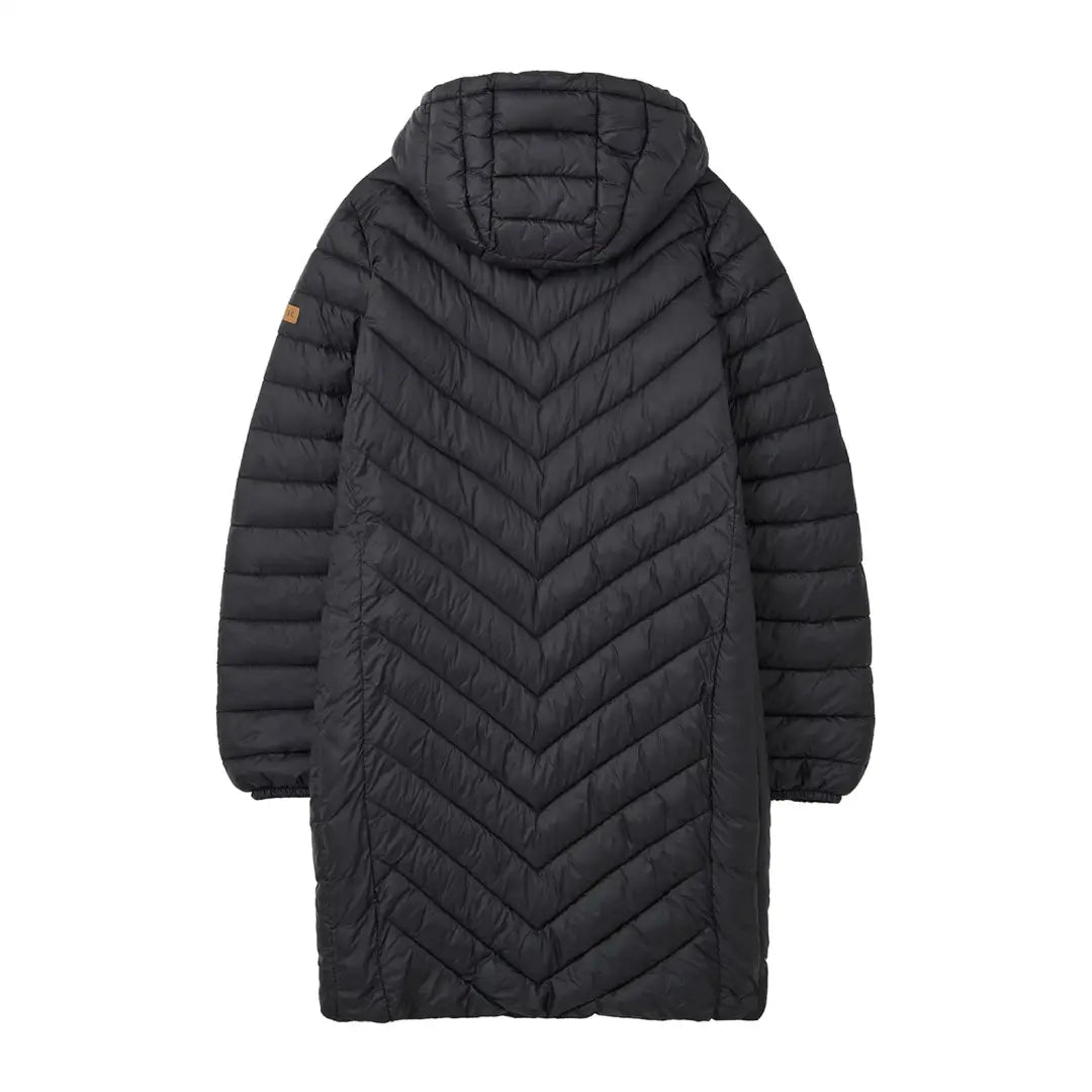 Black quilted puffer coat with hood and chevron stitching, perfect mid-length coat offers