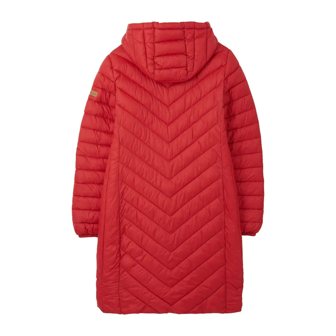 Red quilted Lighthouse Laurel Coat with a hood and chevron stitching pattern