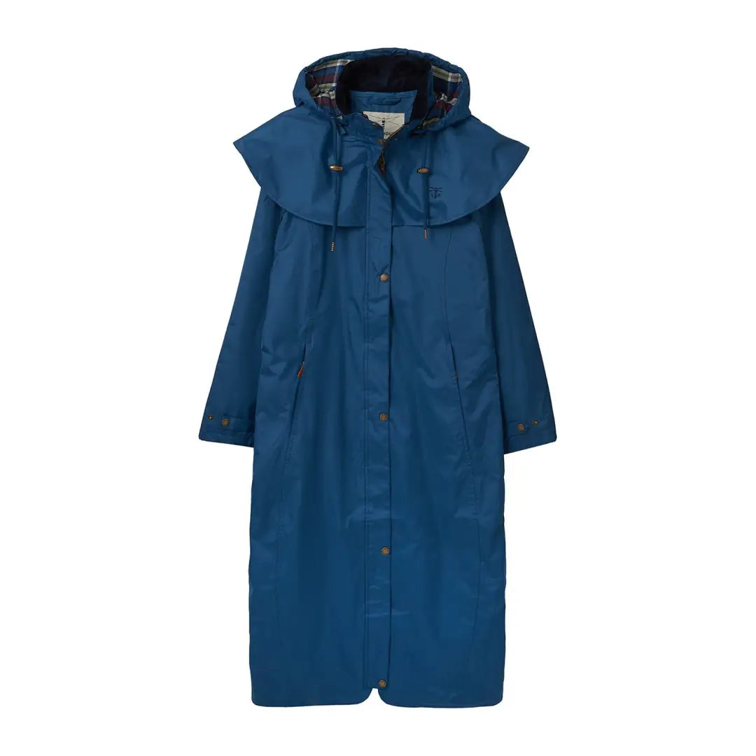 Long blue Lighthouse Outback full length ladies waterproof raincoat with detachable hood