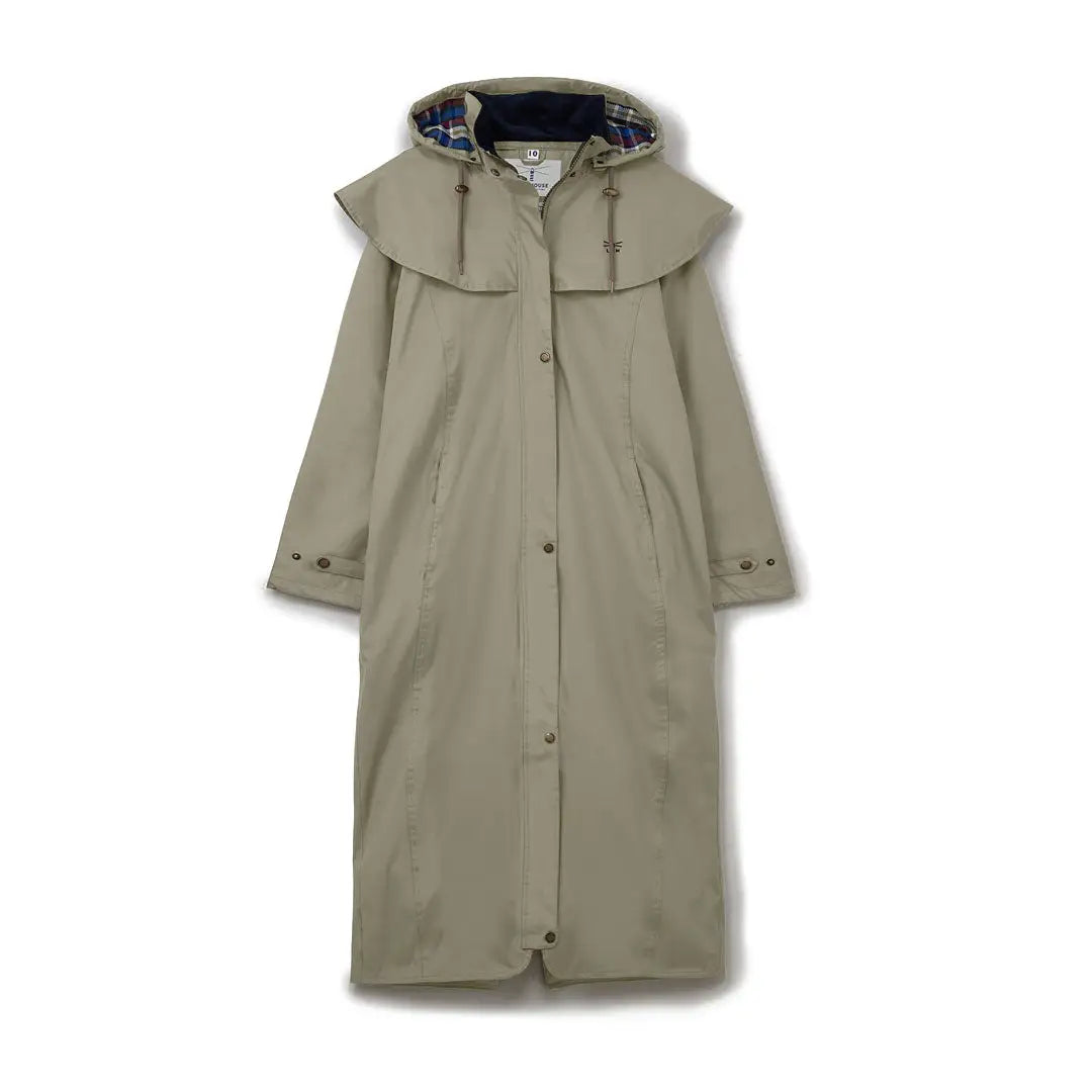 Long beige Lighthouse Outback full length ladies waterproof raincoat with hood and cape