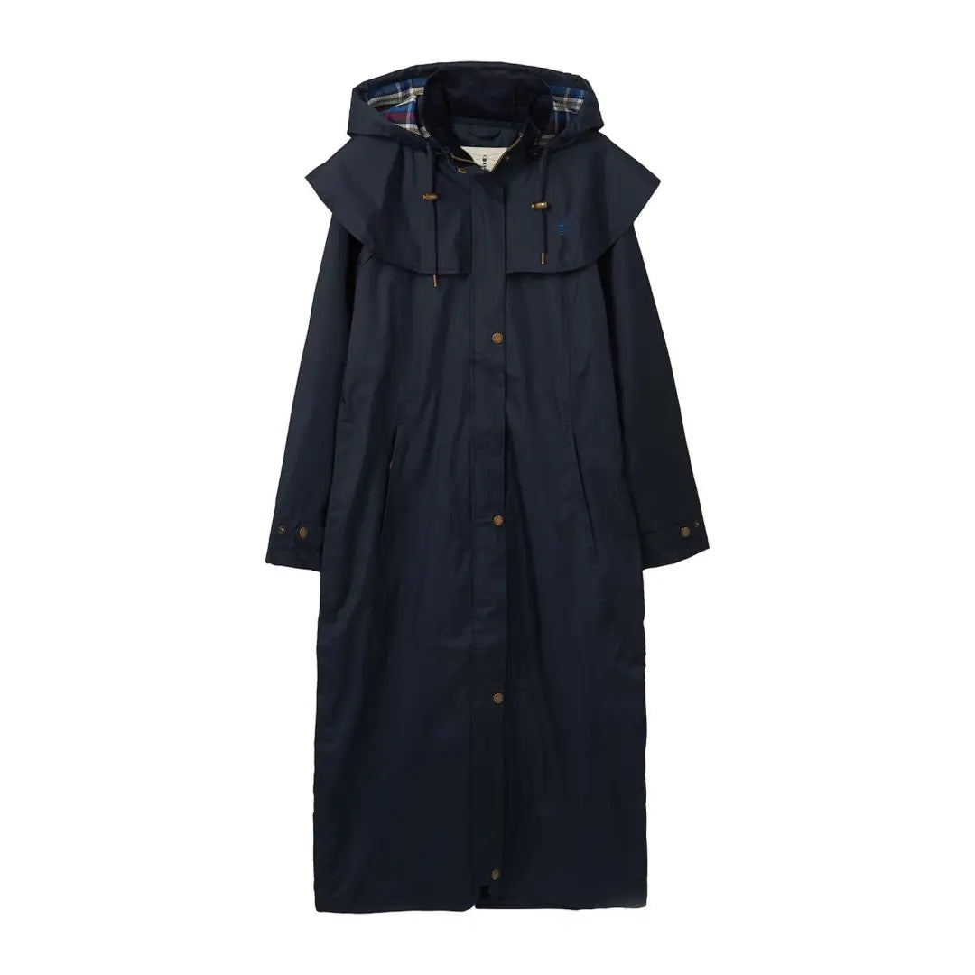 Long navy blue hooded raincoat with cape detail, perfect ladies waterproof style