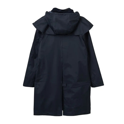 Black hooded Lighthouse Outrider 3/4 length ladies waterproof raincoat with cape collar