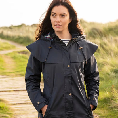 Navy blue Lighthouse Outrider 3/4 length ladies waterproof raincoat with hood and gold buttons