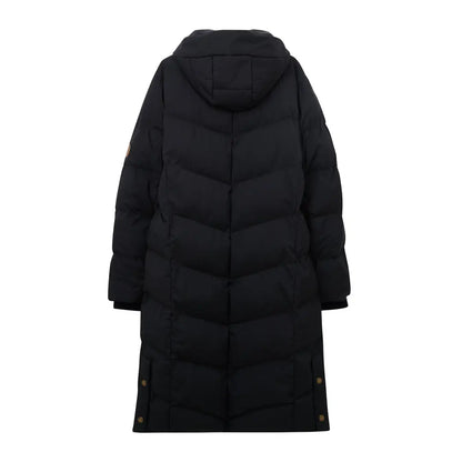 Long black puffer coat with a hood, perfect for chilly weather - Lighthouse Savannah Coat