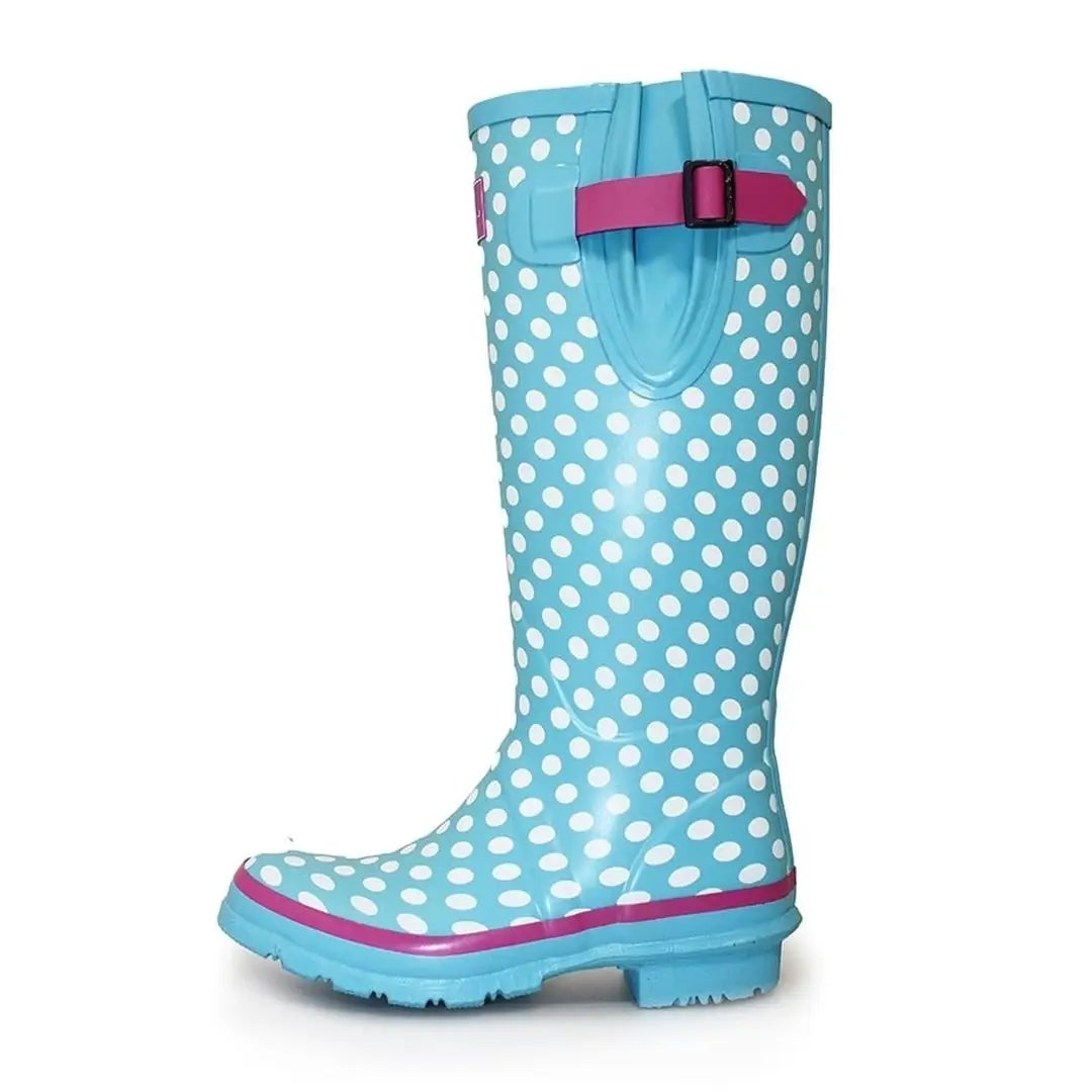 Turquoise polka dot wellingtons with pink trim and buckle from Lunar Polka Dot