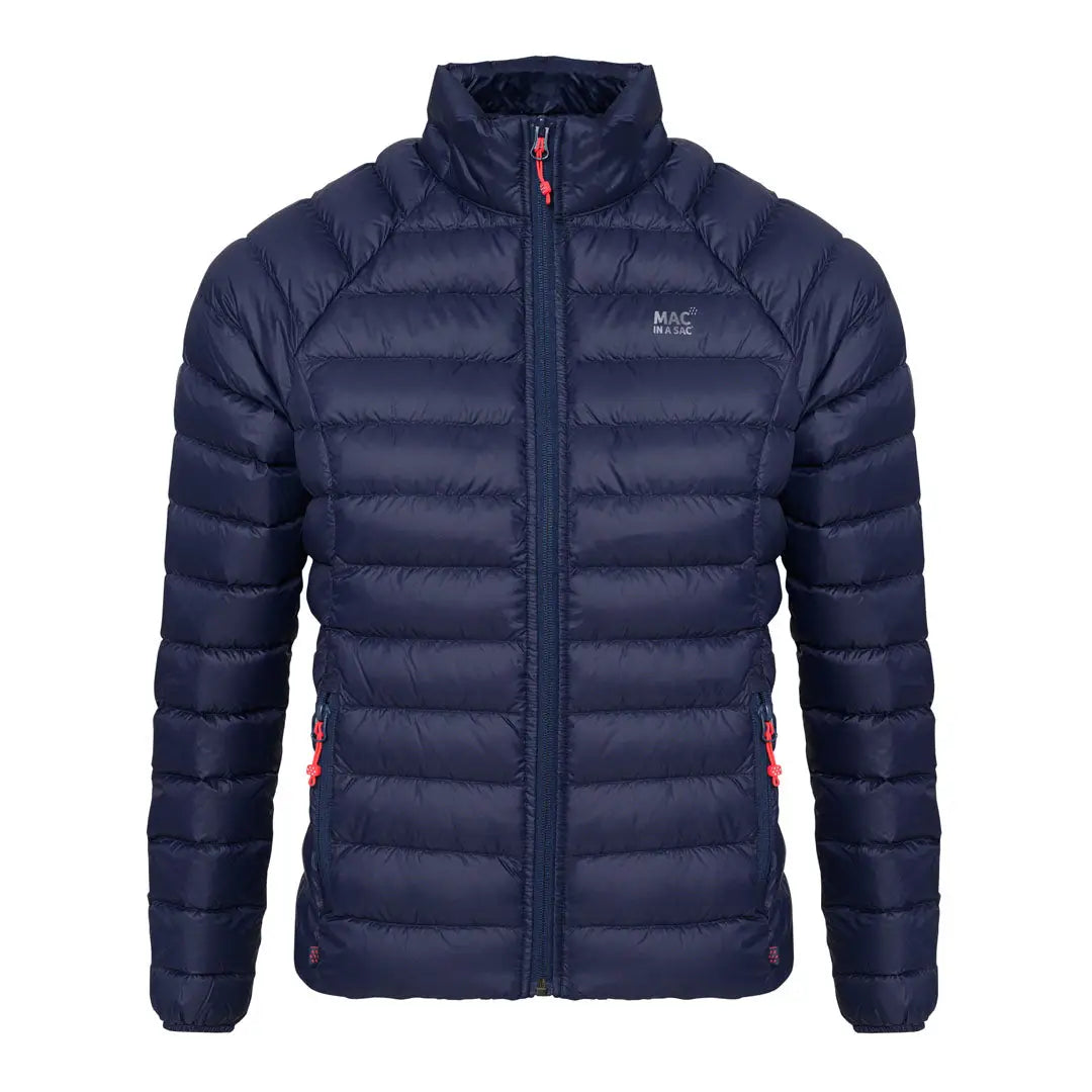 Navy blue quilted down jacket with red accents for stylish country clothing outdoors