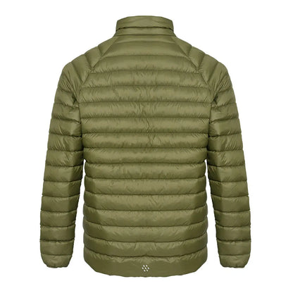 Olive green quilted puffer jacket perfect for country clothing and outdoor hunting adventures