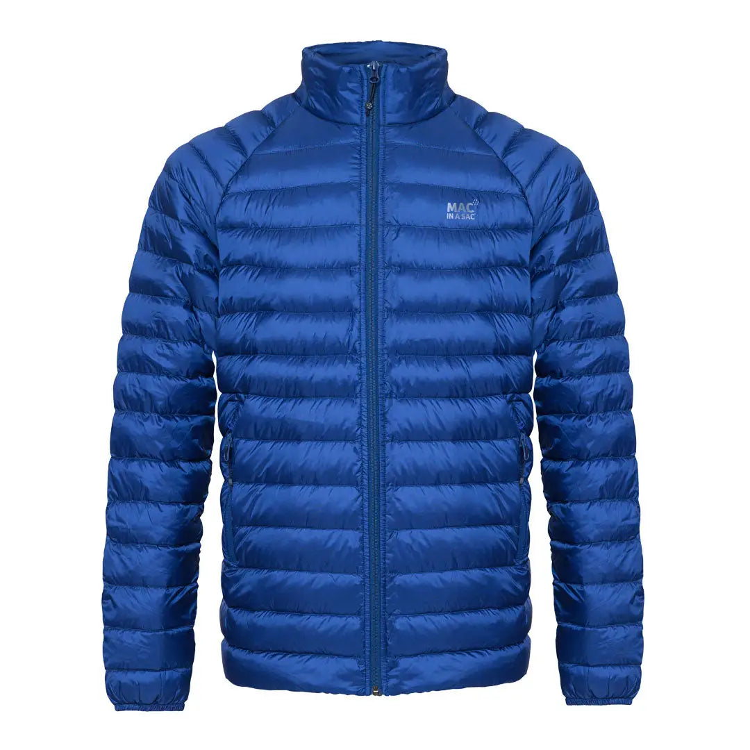 Blue puffy down jacket with zipper for outdoor adventures in country clothing