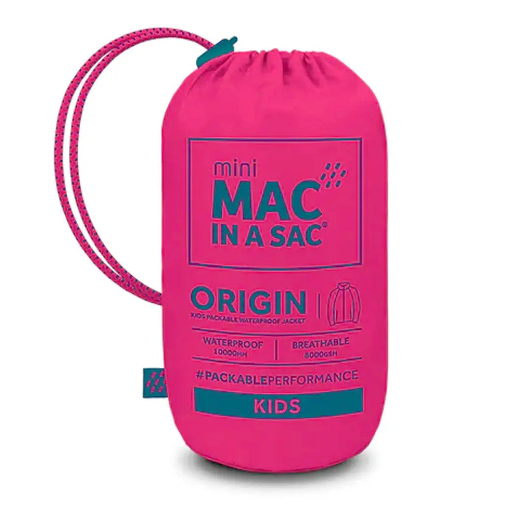 Bright pink drawstring bag for Mac in a Sac Origin kids jacket with fully taped seams