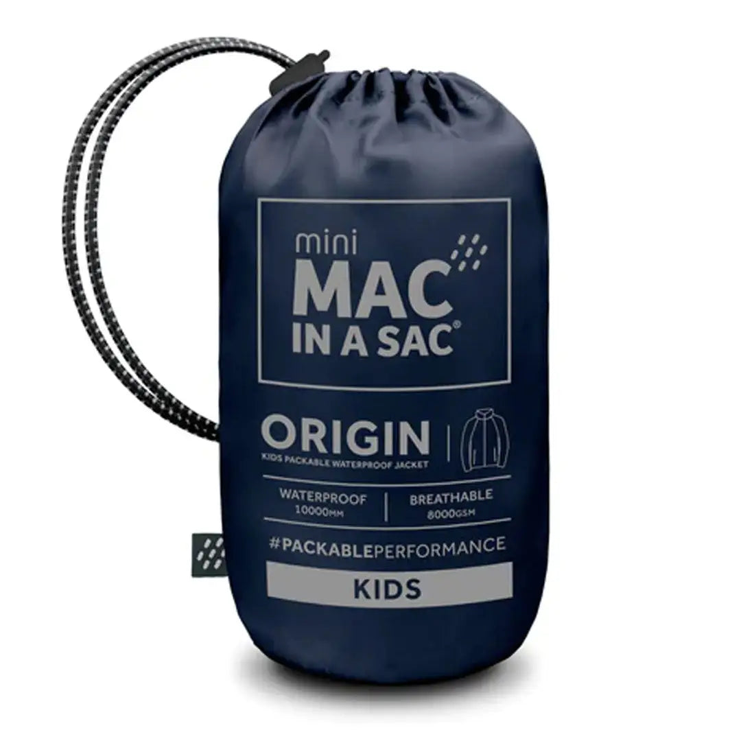 Navy blue drawstring bag for Mac in a Sac Origin kids jacket with fully taped seams