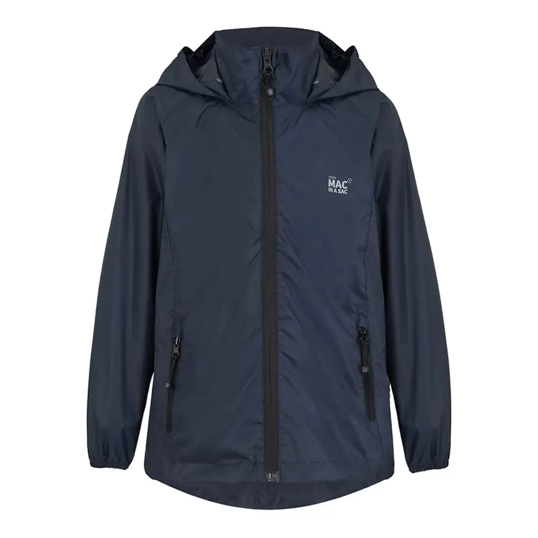 Navy blue Mac in a Sac Origin Kids Jacket with fully taped seams and side pockets