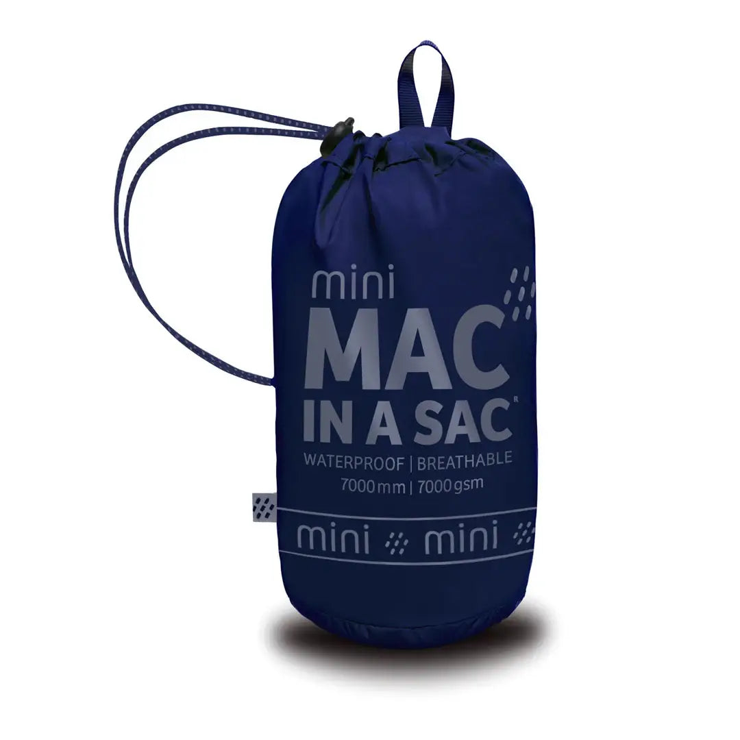 Navy blue drawstring bag for Mac in a Sac Origin 2 Kids Overtrousers with taped seams