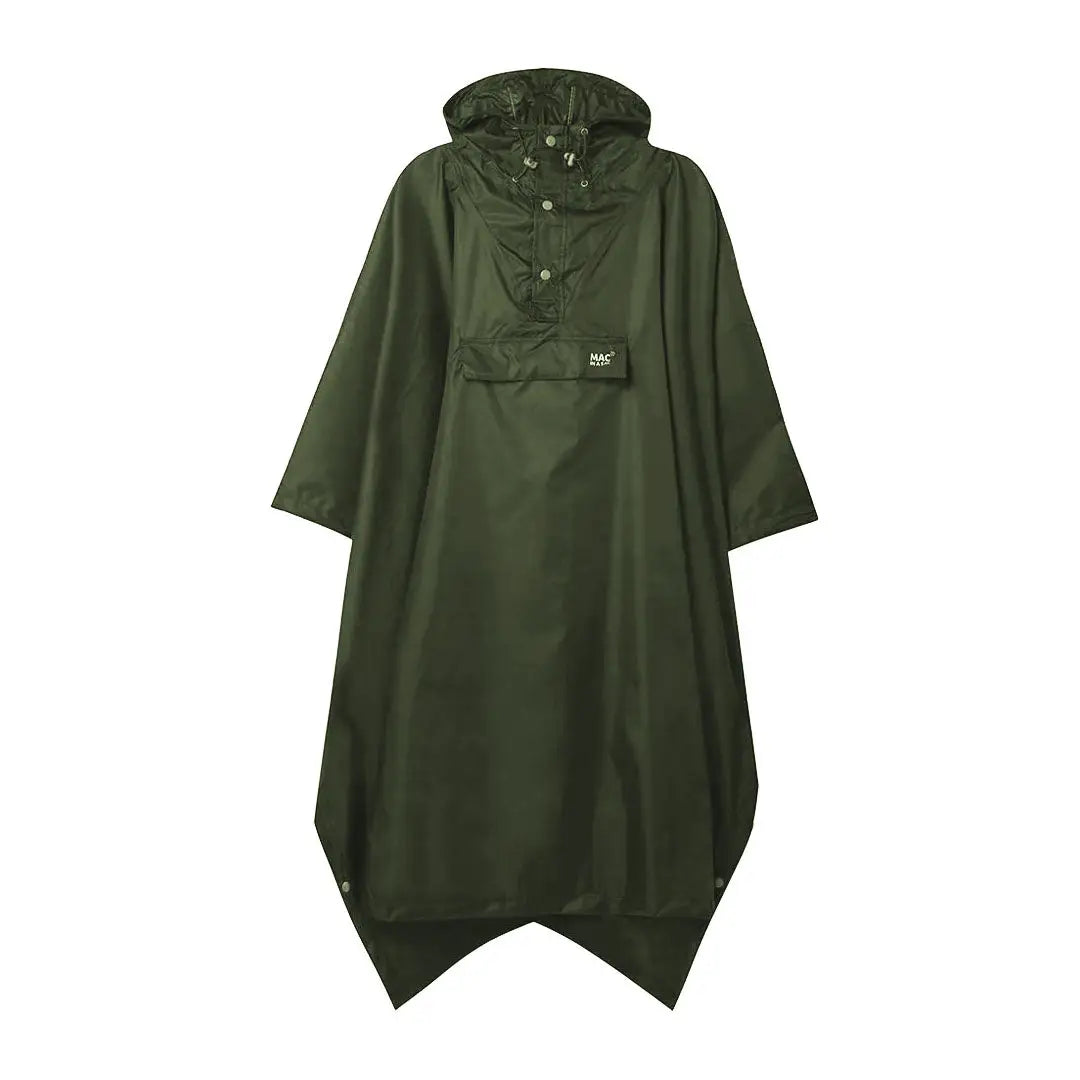 Dark green Mac In A Sac Origin 2 Poncho with front pocket perfect for rainy days