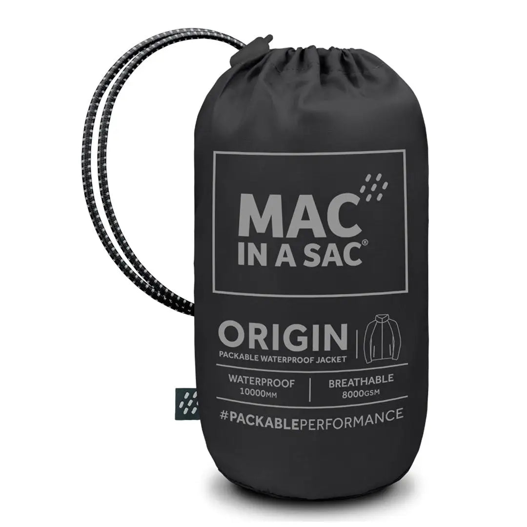 Black drawstring bag with MAC IN A SAC branding for the Sac Origin adult jacket