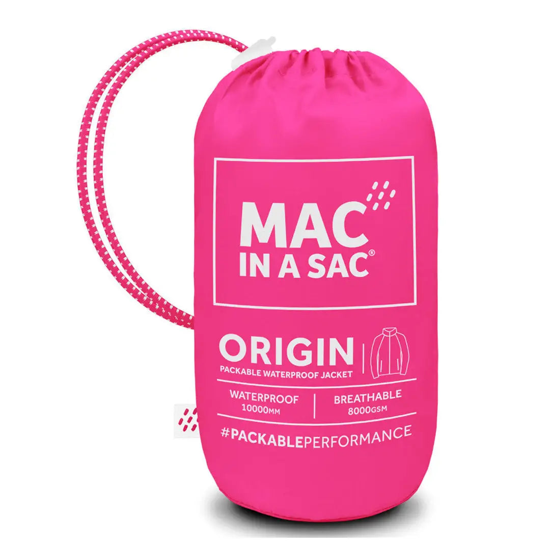 Bright pink drawstring bag for Mac in a Sac Origin adult jacket with product details