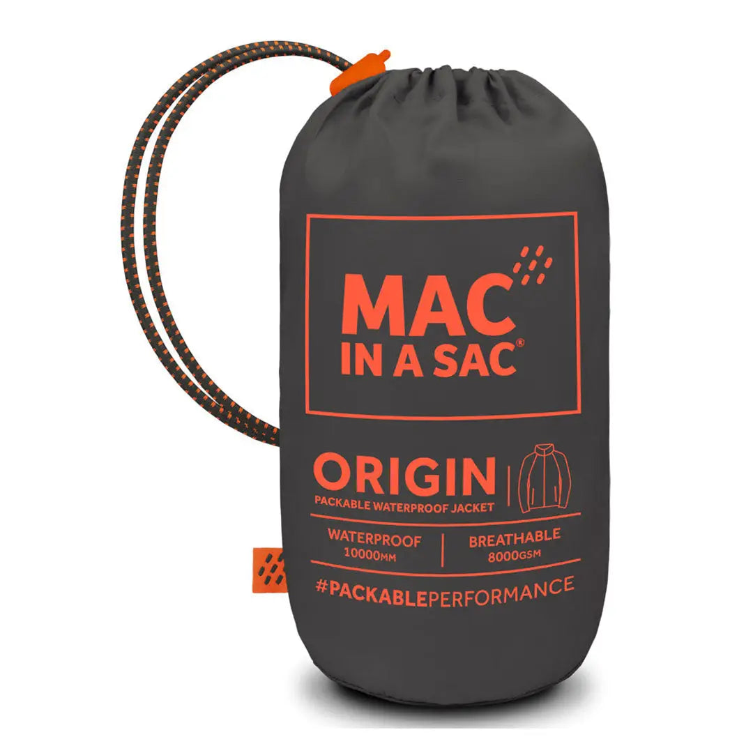 Gray drawstring bag featuring MAC IN A SAC branding for waterproof jacket with fully taped seams