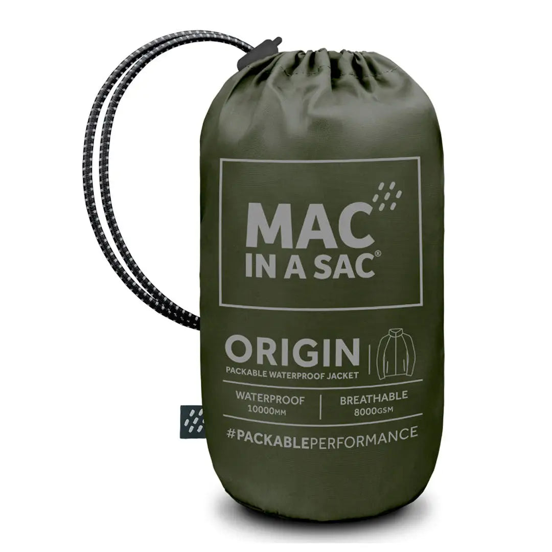 Olive green drawstring bag for Mac in a Sac Origin adult waterproof jacket