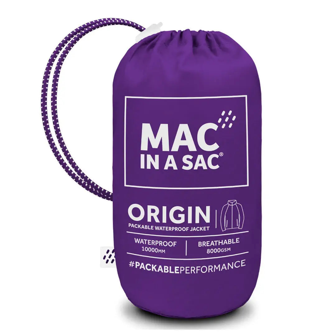 Purple drawstring bag with MAC IN A SAC, featuring the Mac in a Sac Origin adult jacket