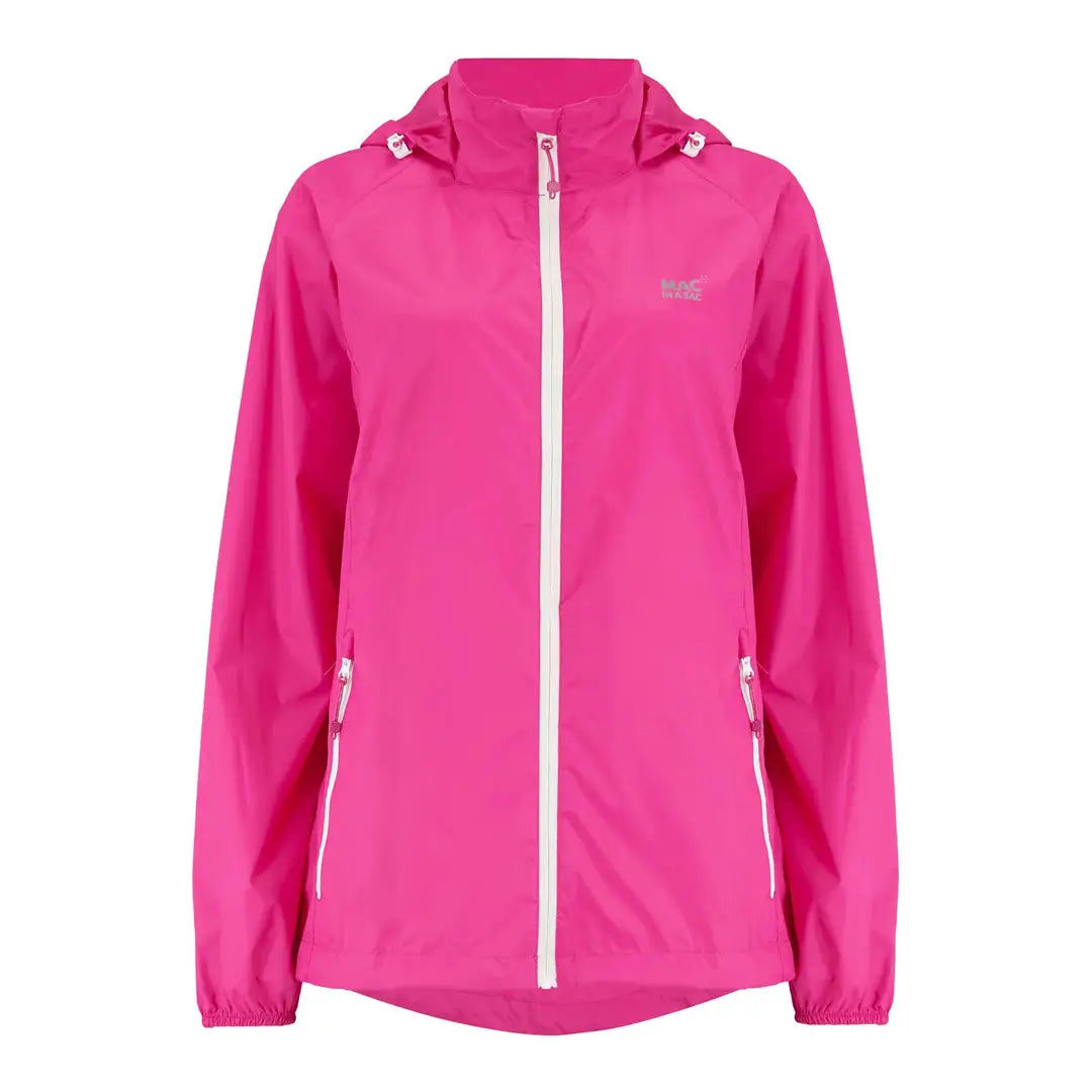 Bright pink Mac in a Sac Origin adult jacket with white zipper, perfect for country clothing