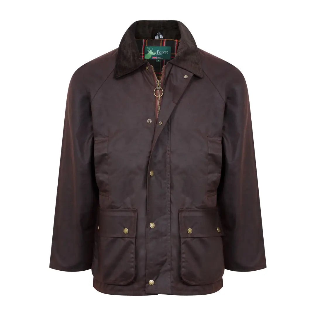 Dark brown wax jacket with corduroy collar, pockets, perfect for mens classic antique style