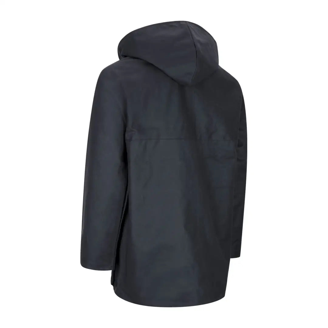 Dark hooded winter coat side view showcasing a stylish Traditional Wax Jacket for men