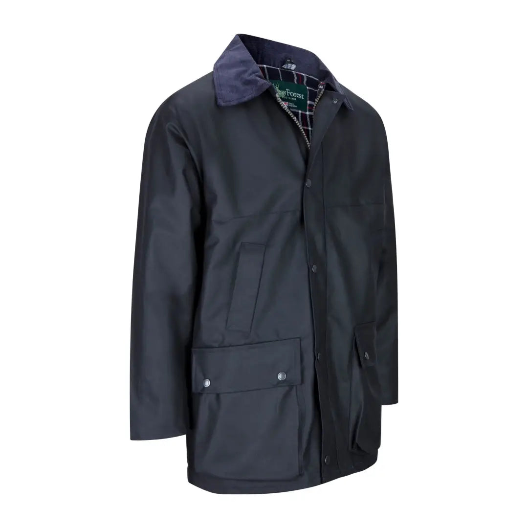 Dark blue wax jacket with corduroy collar, perfect for forest clothing adventures