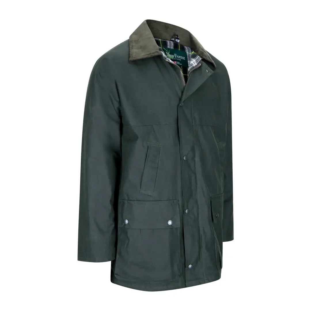 Dark green wax jacket with corduroy collar and snap closures for a classic look