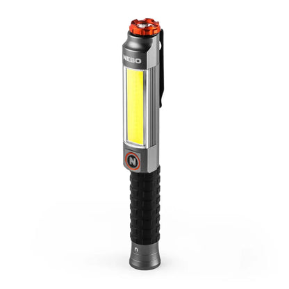 Handheld NEBO Big Larry 3 LED work light with black grip and silver body for outdoor tasks