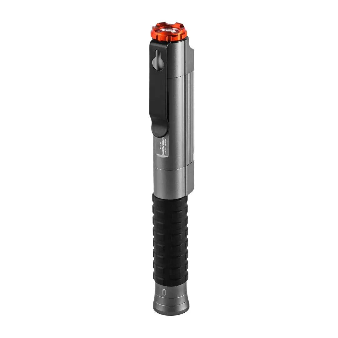 Metallic bicycle pump with black grip and orange top for the NEBO Big Larry 3