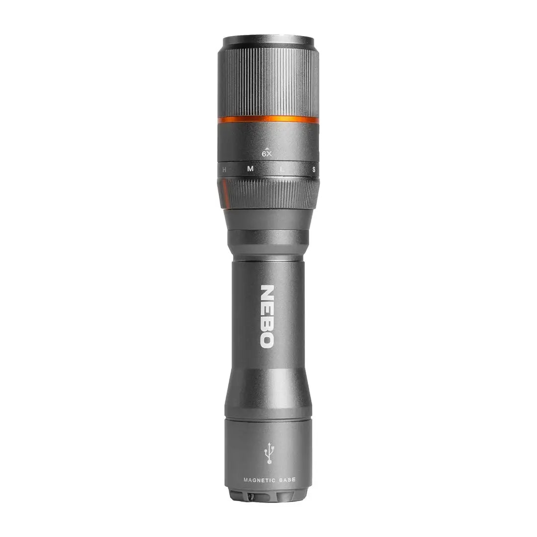 Cylindrical gray NEBO Davinci 1000 powerful handheld flashlight with adjustable focus lens