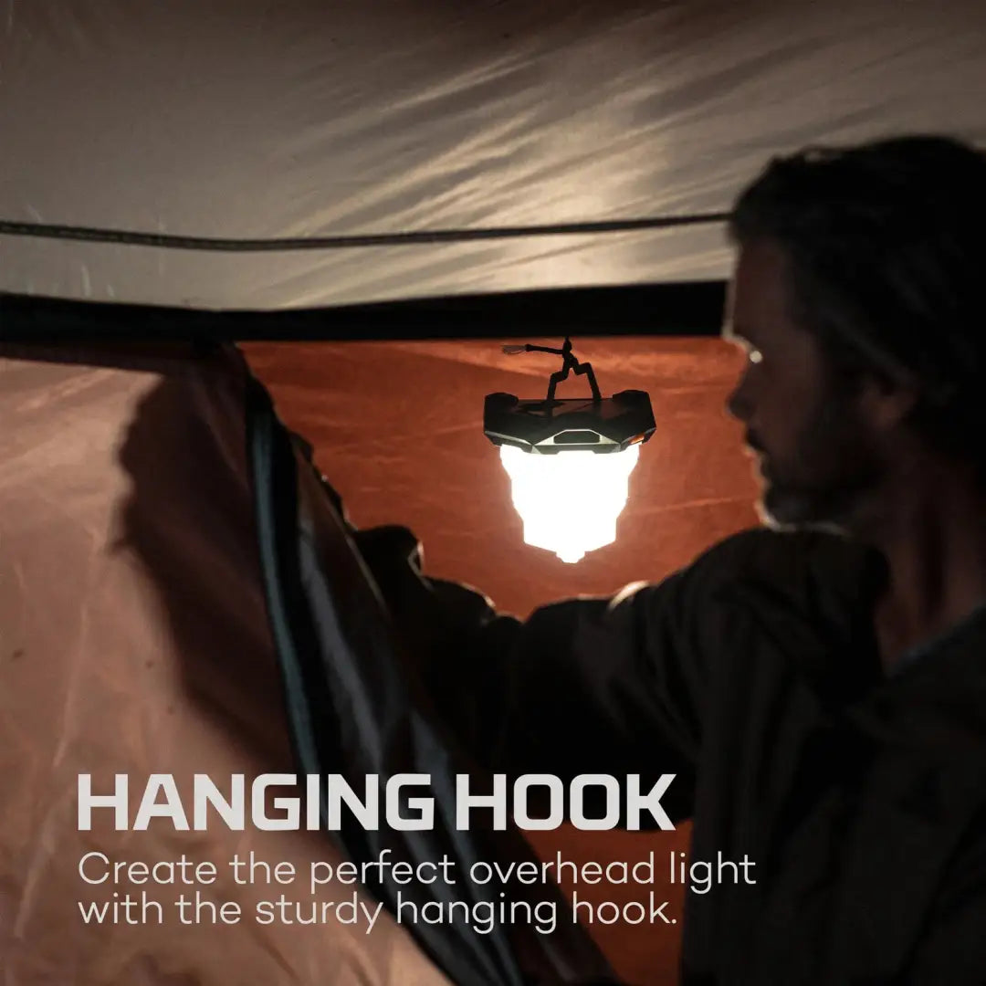 Glowing NEBO Galileo Air Collapsible Lantern with a handy hanging hook attachment