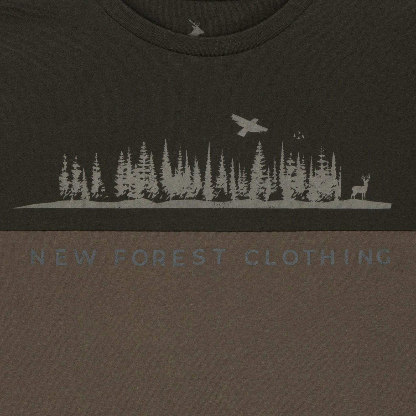 Two-tone t-shirt featuring a forest scene, perfect for outdoors and country clothing lovers