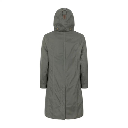 Long olive green hooded raincoat, perfect for outdoor adventures with the Forest Alice Waterproof