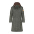 Long olive green New Forest Alice Waterproof Coat with brown collar and orange details