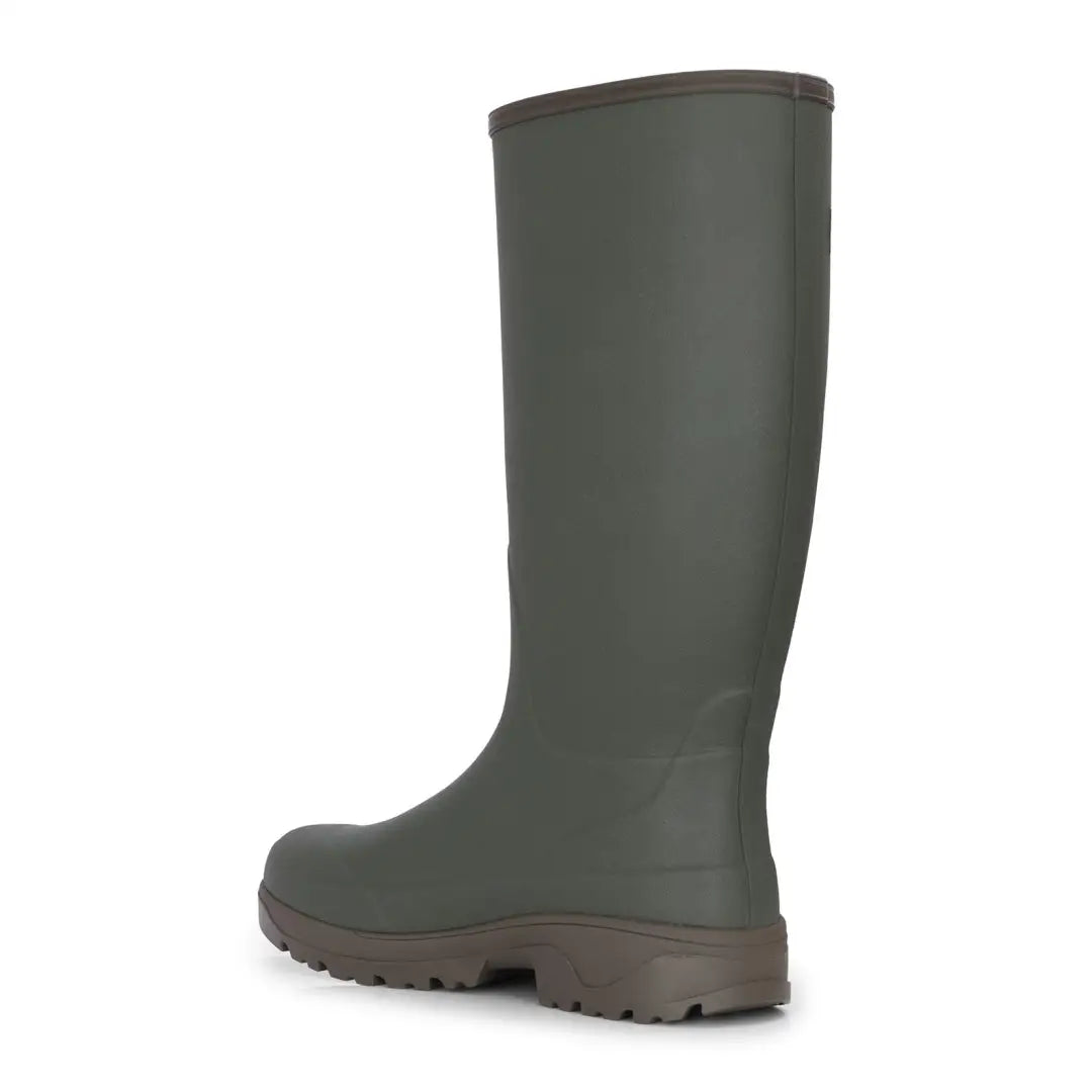 Olive green New Forest Avon zip Wellington boots with a brown sole for rainy days