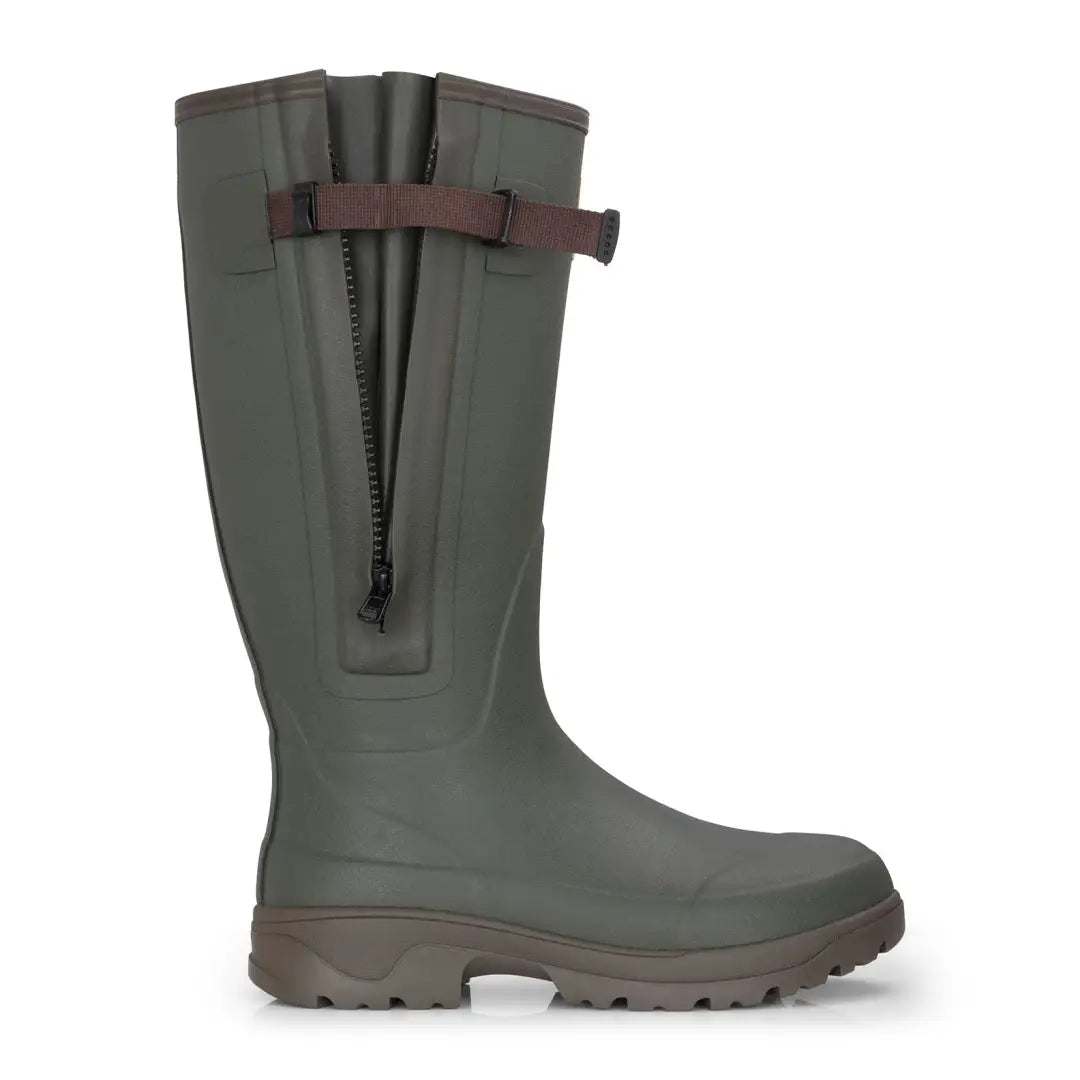 Tall green Forest Avon zip Wellington boots with side zipper and adjustable strap