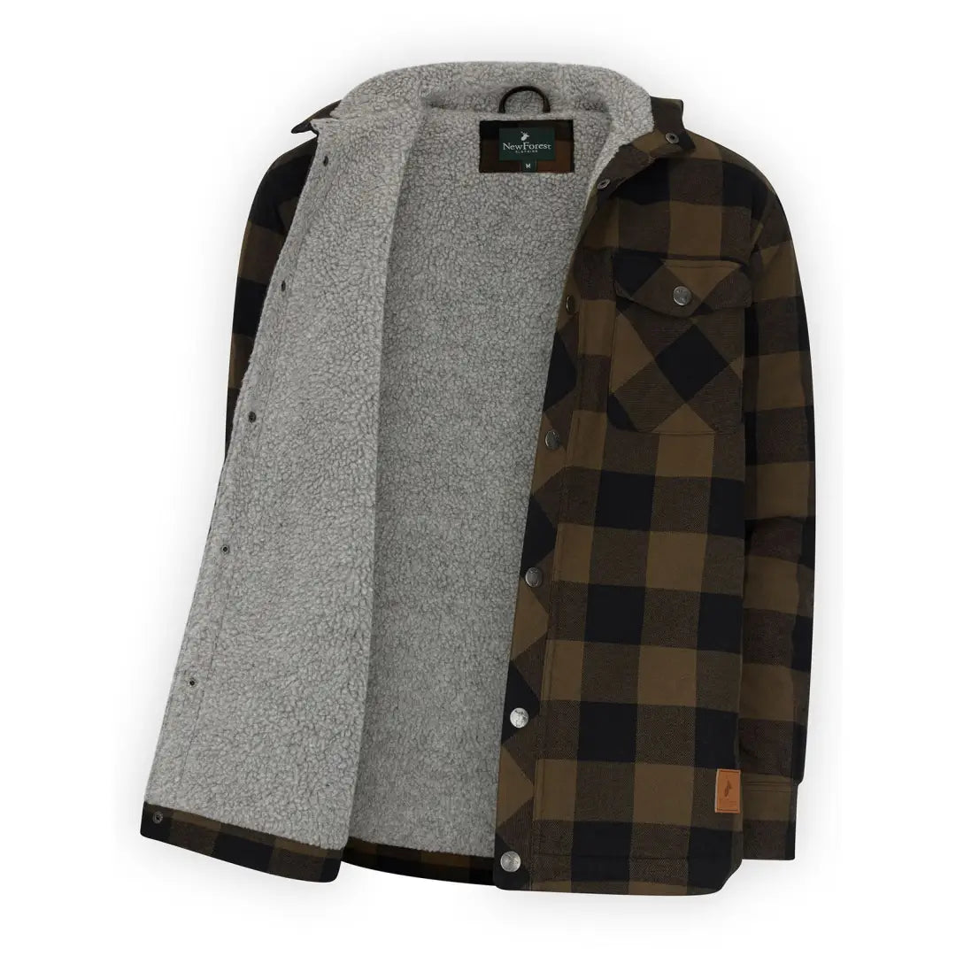 Plaid flannel jacket with gray fleece lining, perfect country clothing for hunting adventures