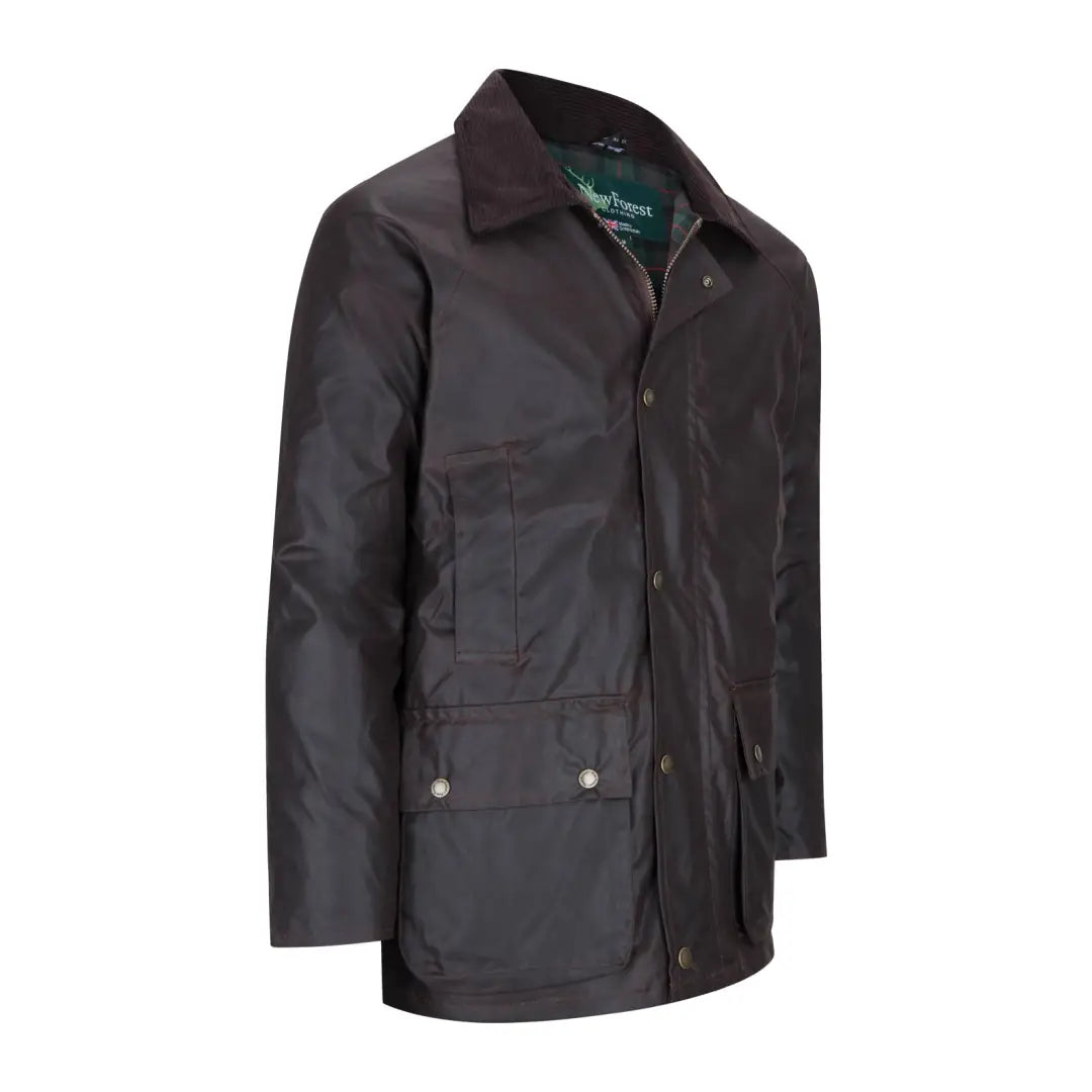 Dark brown wax jacket for men, featuring a collar and front pockets in antique style