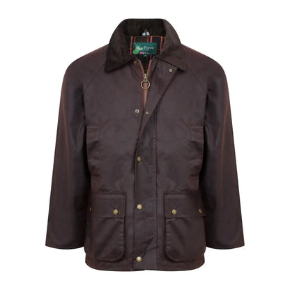 Dark brown wax jacket with corduroy collar, pockets, perfect for mens classic antique style