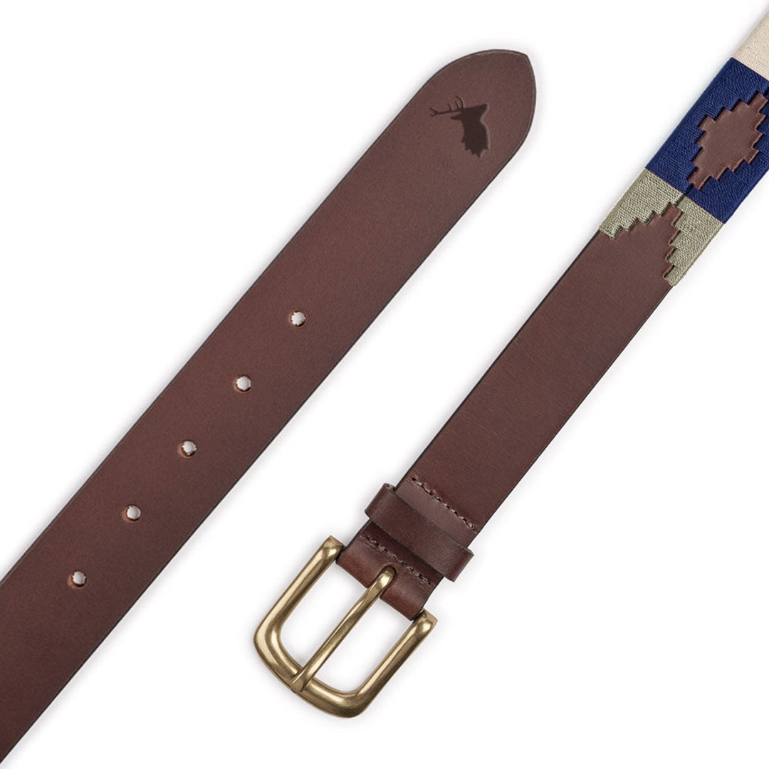 Brown leather Forest Classic Polo Belt with a vibrant woven pattern for stylish flair