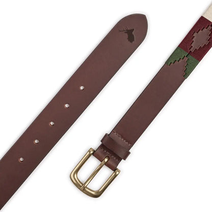 Brown leather belt featuring a deer silhouette and intricate hand stitched design