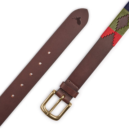 Brown leather belt with colorful embroidery, perfect for a Forest Classic Polo look