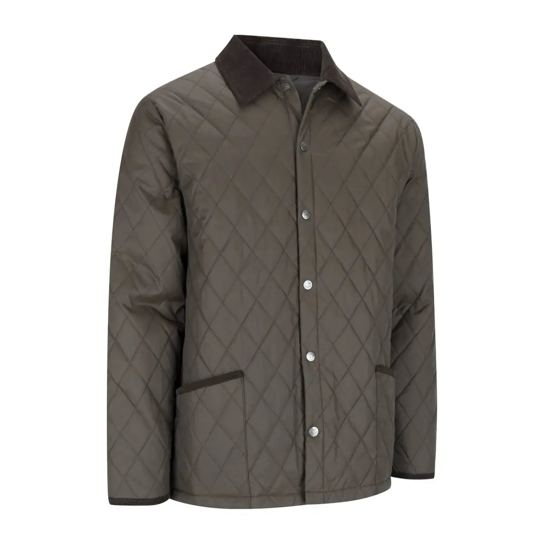 Olive green New Forest Classic Quilted Jacket with black collar and snap buttons