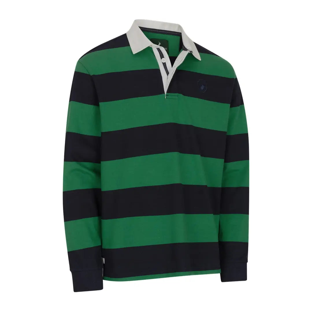 Green and navy blue striped rugby shirt with white collar from New Forest Classic Stripe