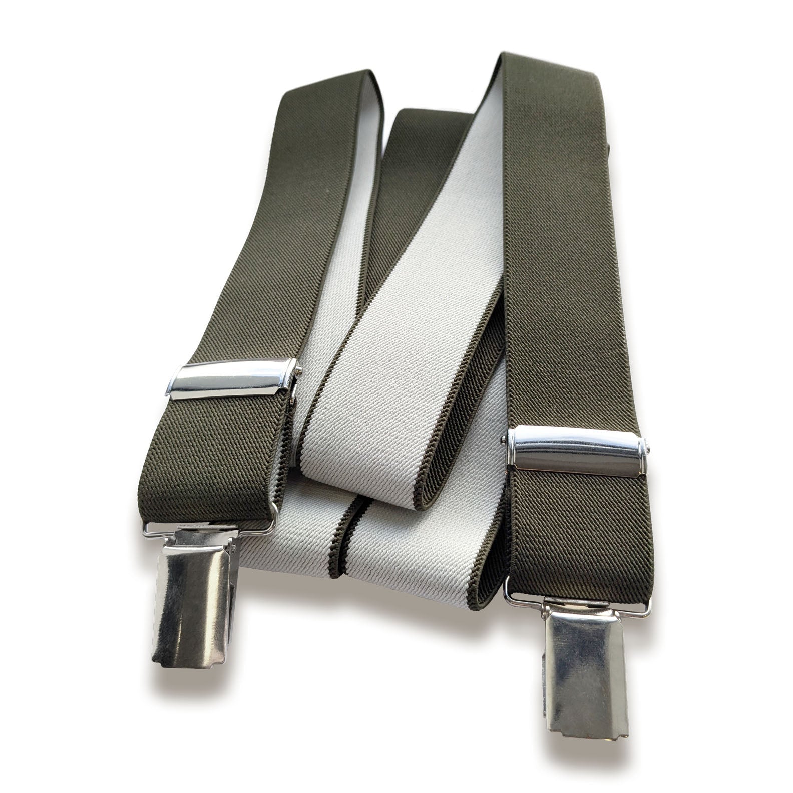 Olive green suspenders with metal clips perfect for country clothing and outdoor adventures