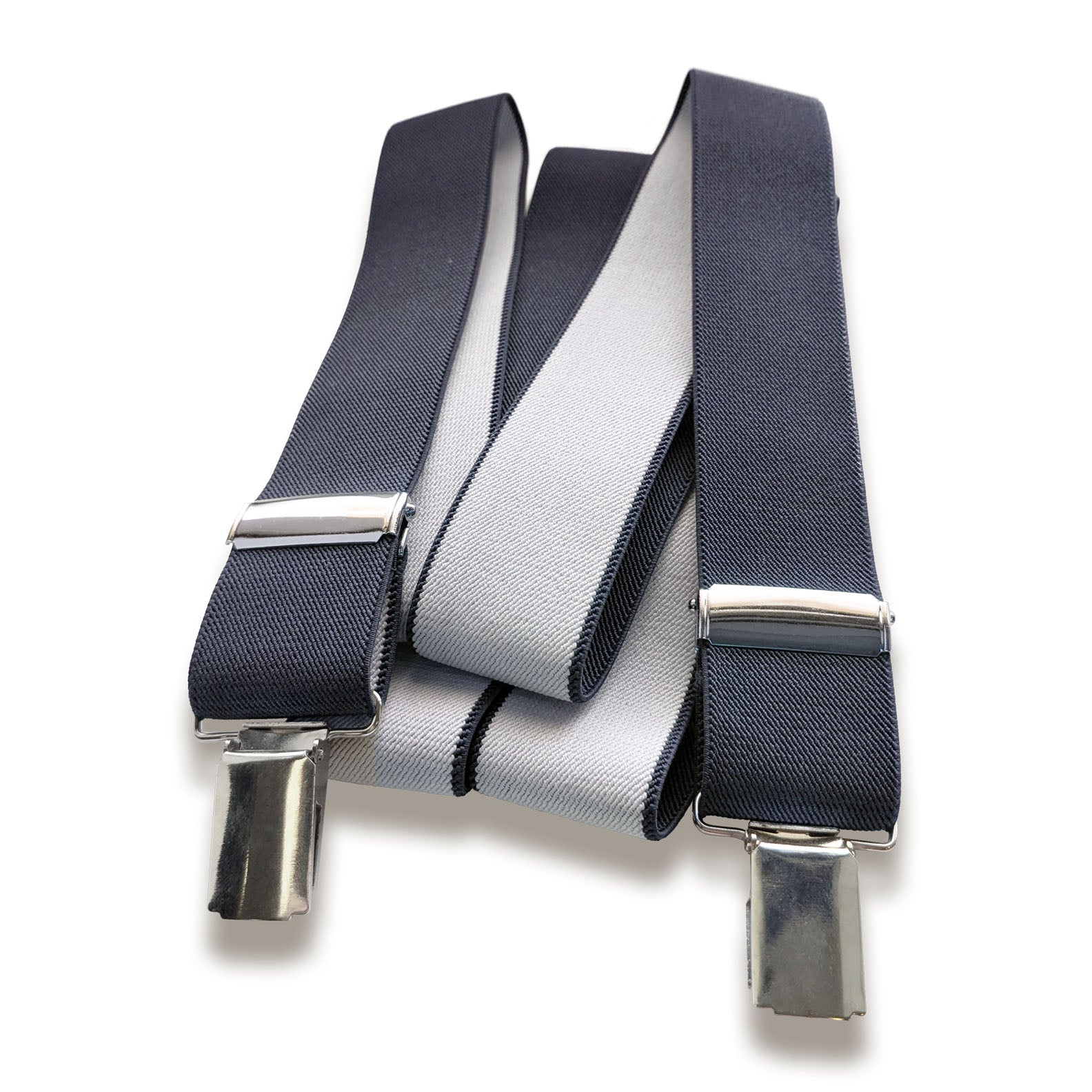 Gray suspenders with metal clips perfect for country clothing and outdoor adventures