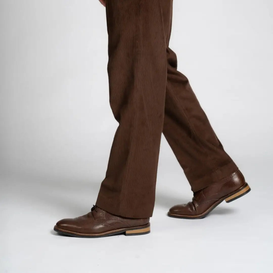 Brown leather dress shoes paired with New Forest Cord Trousers for stylish country clothing